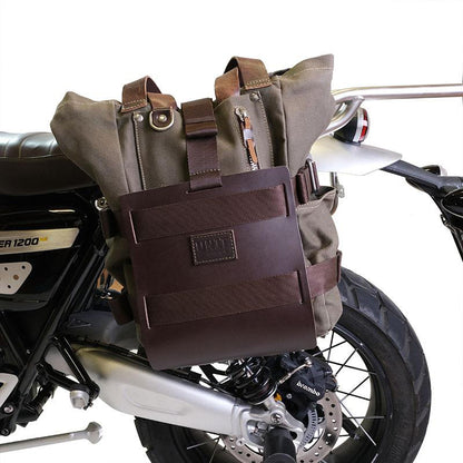 Aluminium-Taschenhalter mit verstellbarer Lederfront und Schnellkupplung + BMW R12 Fahrgestell links