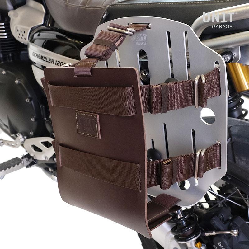 Aluminium-Taschenhalter mit verstellbarer Lederfront und Schnellkupplung + BMW R12 Fahrgestell links